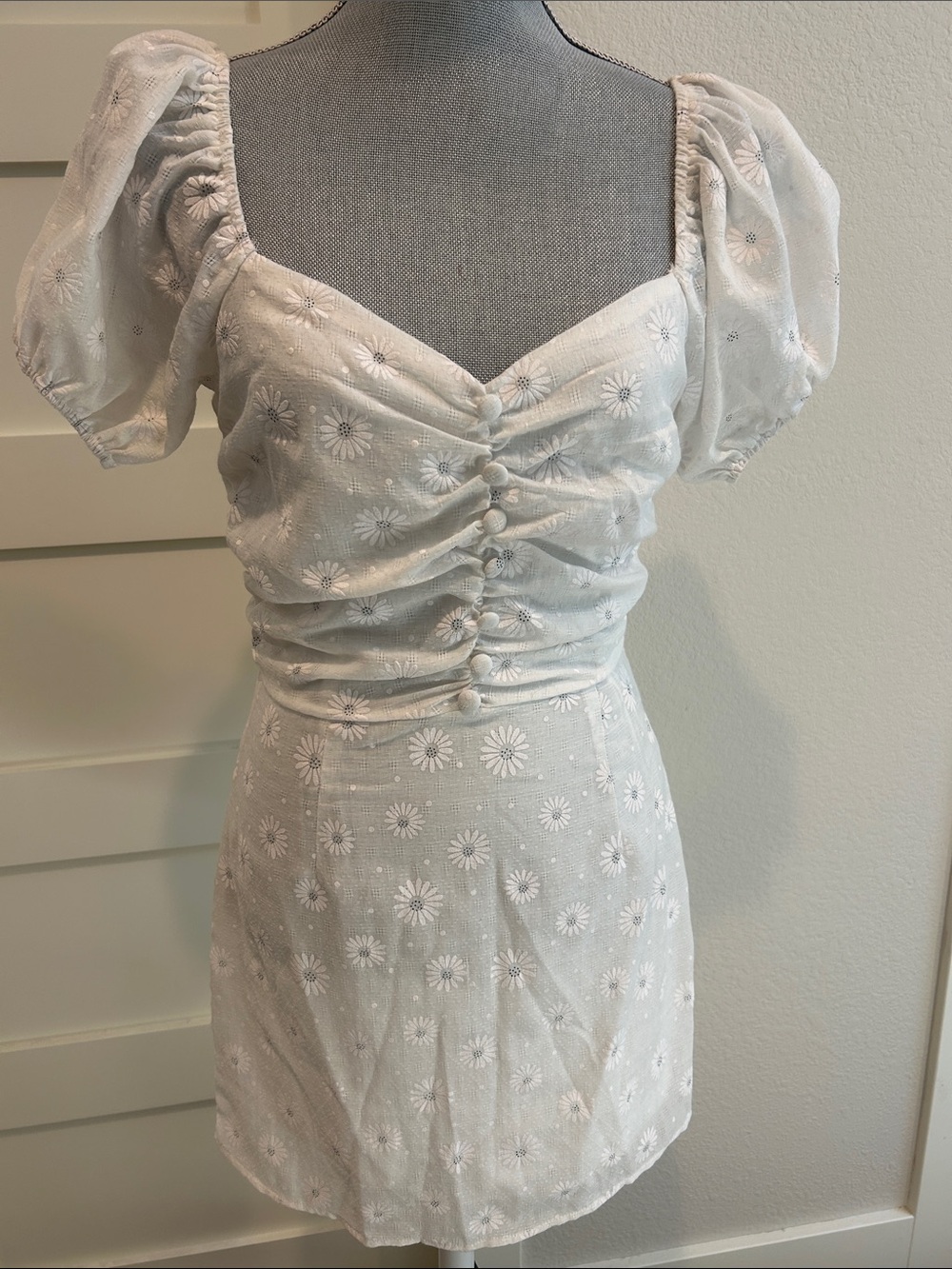 Nasty Gal White Daisy Embroidered Ruched Mini Dress
